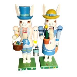 Set of 2 Vintage Hand Painted Wooden Easter Bunny Nut Cracker 12.5" Tall